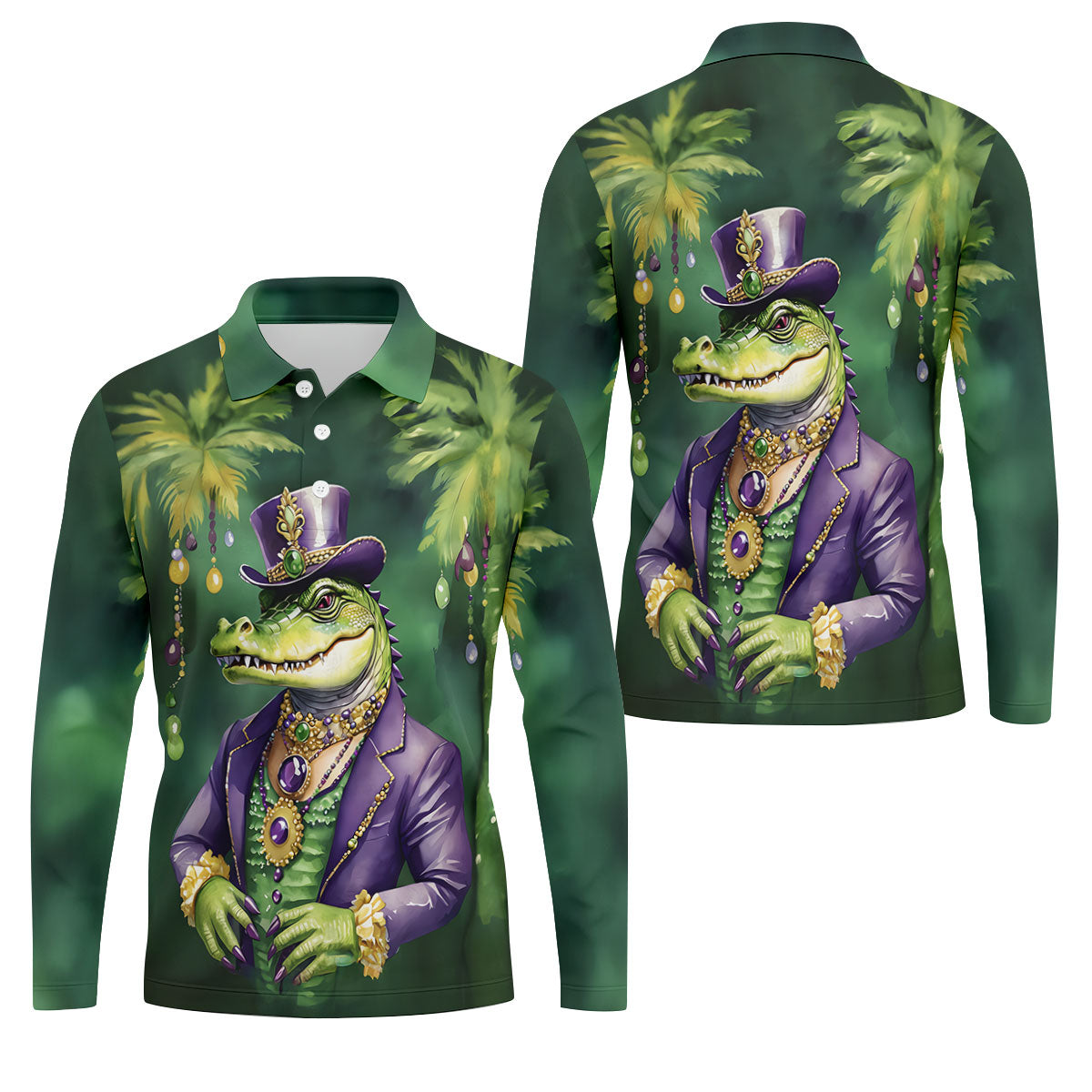 Mardi Gras Alligator Decorated Palm Tree Print Golf Shirt, Polo ShirtFor Men, Golf Shirts For Men