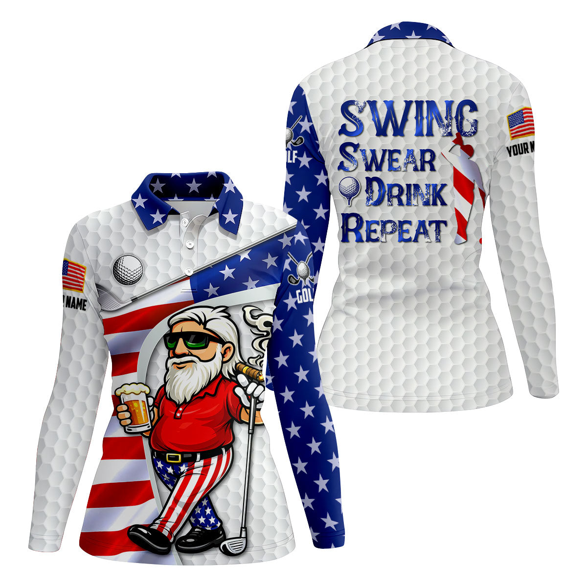 Swing Swear Drink Repeat Golf And Beer Patriotic Man 4th Of July White Golf Shirt, 250 Years Women's Golf Tops