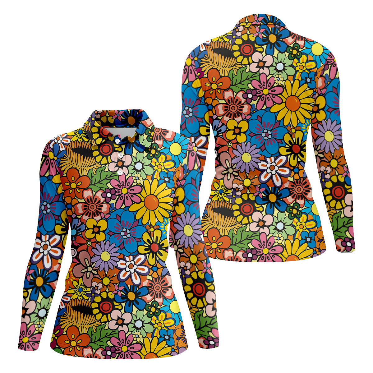 Multicolor Retro Flower Power Golf Shirt, Women’s Golf Tops, Hawaiian Golf Shirt, Golf Shirts For Women