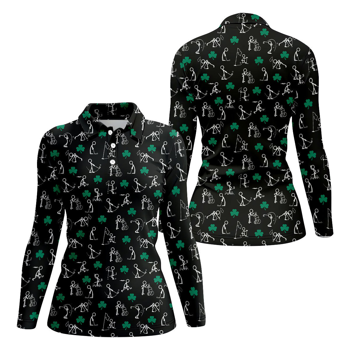 Stick Figure Golf Pose St Patrick's Day Shamrock Black Golf Shirt, Women's Golf Tops, Ladies Golf Polos