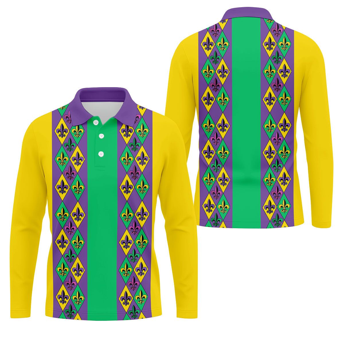 Purple Green Gold Fleur De Lis Argyle Pattern Mardi Gras Golf Shirt, Golf Shirts For Men, Polo ShirtFor Men
