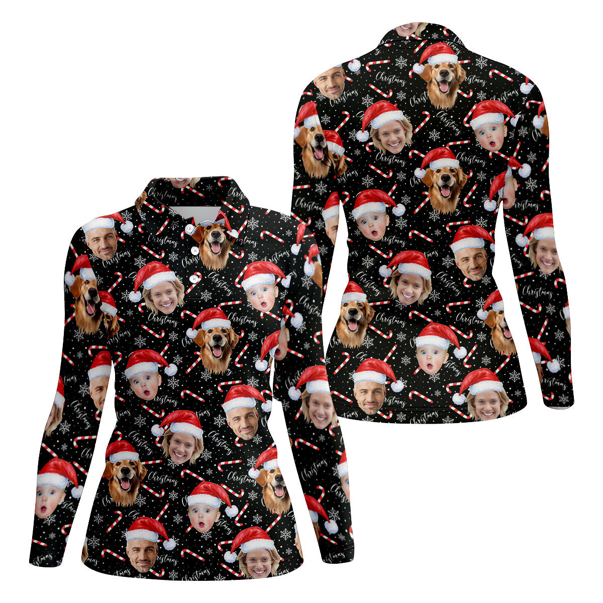 Custom Face Candy Cane Christmas Black Golf Shirt, Christmas Golf Shirt, Ladies Golf Tops, Golf Gifts For Women