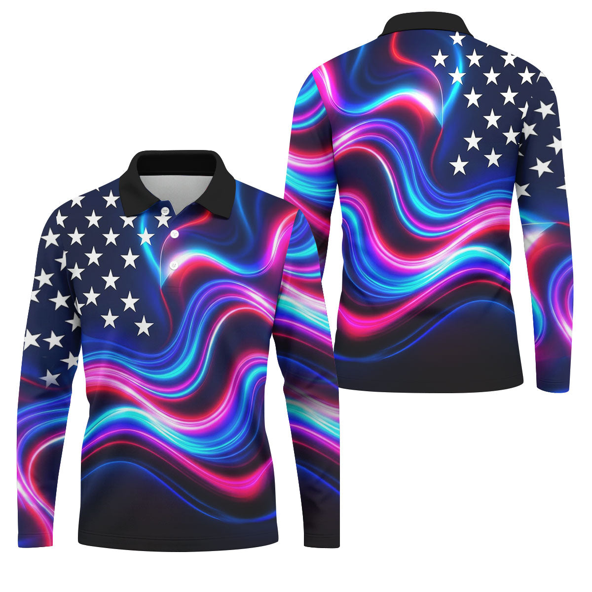 Star Pattern Neon Color Wavy Stripes 250th Anniversary, Patriotic 4th Of July Golf Shirts For Men