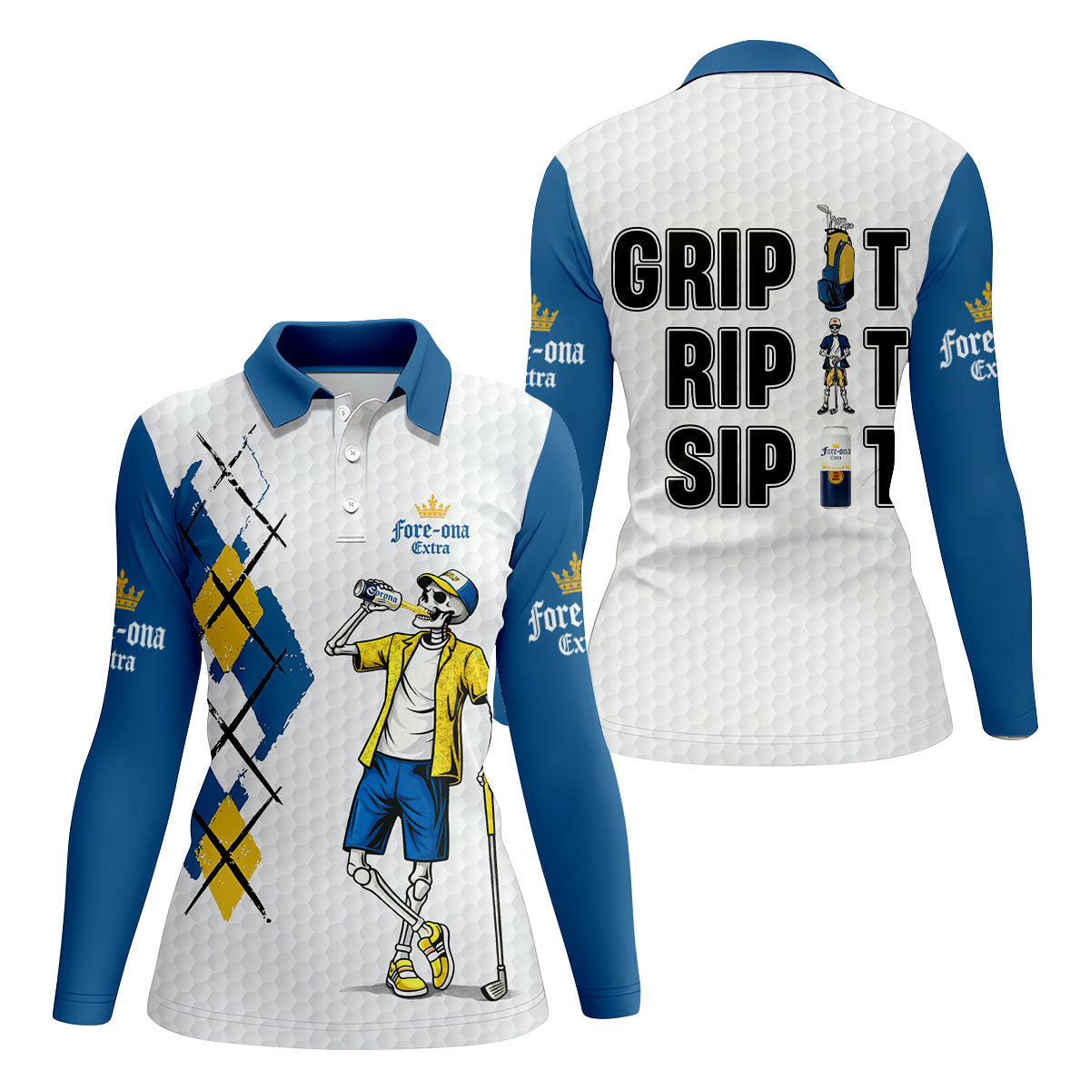 Blue Yellow Skeleton Golfer Beer Polo Shirt, Women’s Golf Apparel, Golf Shirts For Women