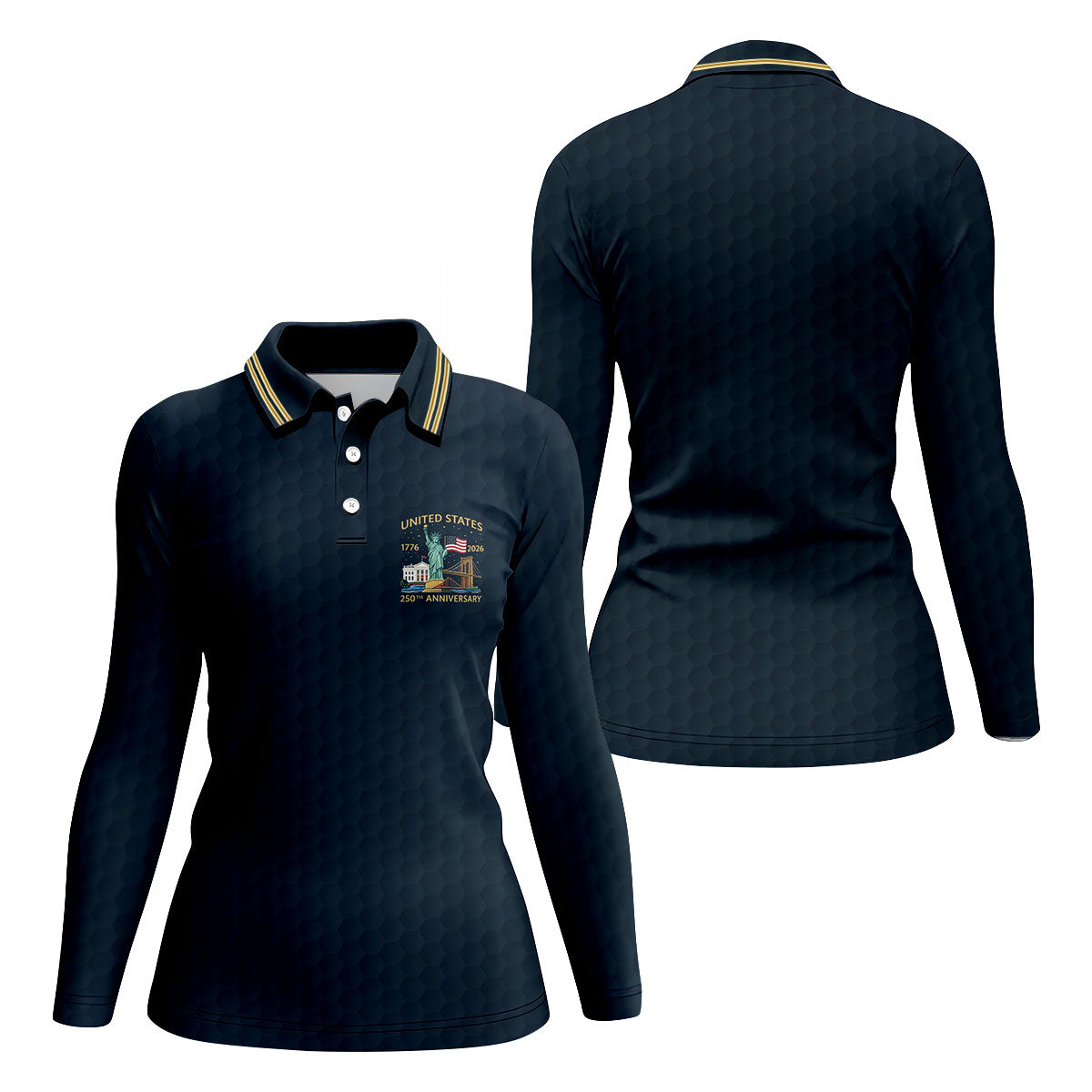 United States 250th Anniversary Golf Ball Pattern Navy Golf Shirt, 4th Of July Patriotic Golf Shirt For Women