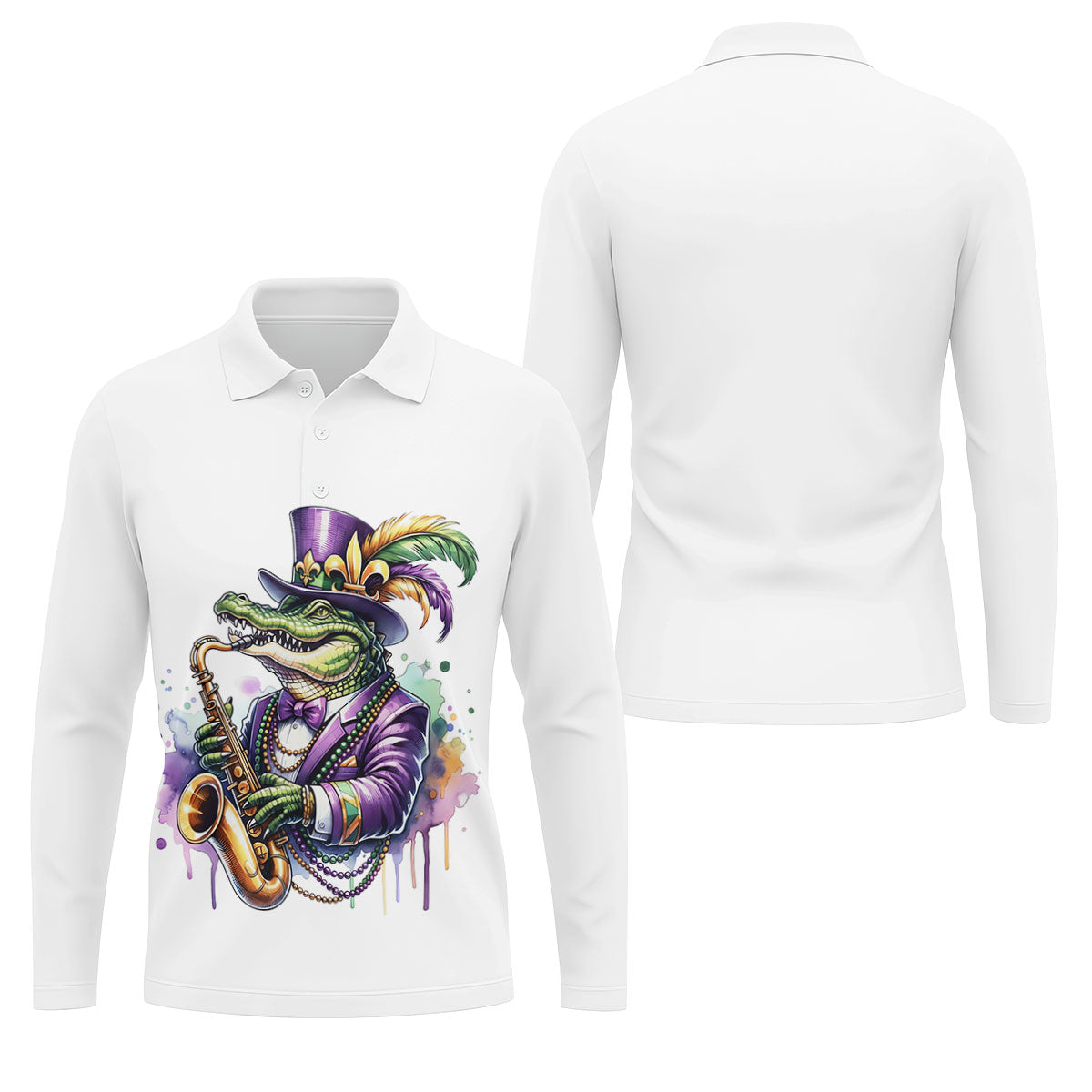 Mardi Gras Alligator Playing Saxophone White Golf Shirt, Golf Shirts For Men, Polo Shirt Men