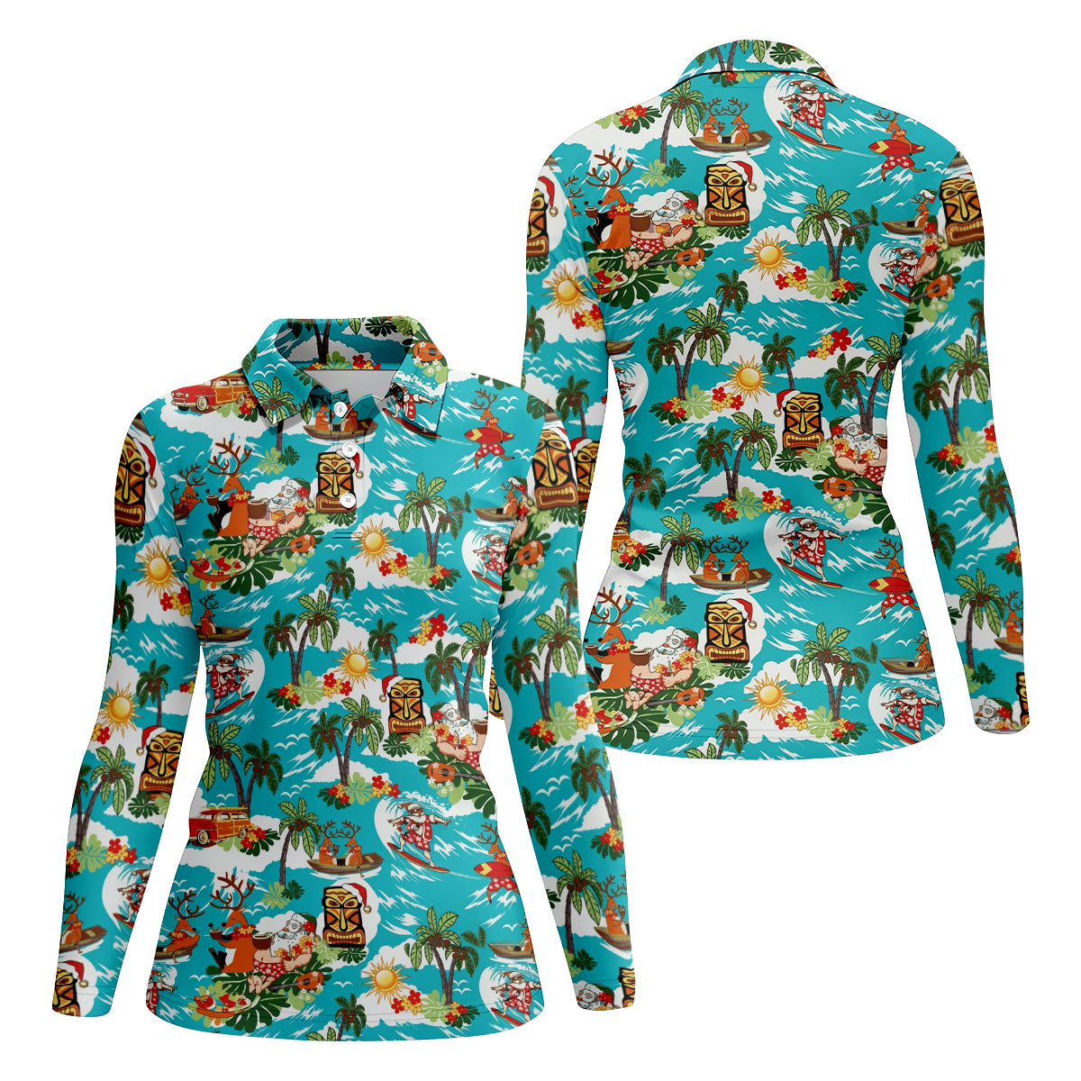 Women's Funny Surfing Santa Hawaiian Golf Shirt, Christmas Golf Shirt, Women’s Golf Polo