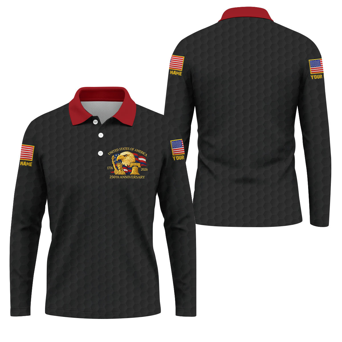 United States 250th Anniversary Patriotic Eagle Black Custom Golf Shirts, 4th Of July Golf Shirts For Men
