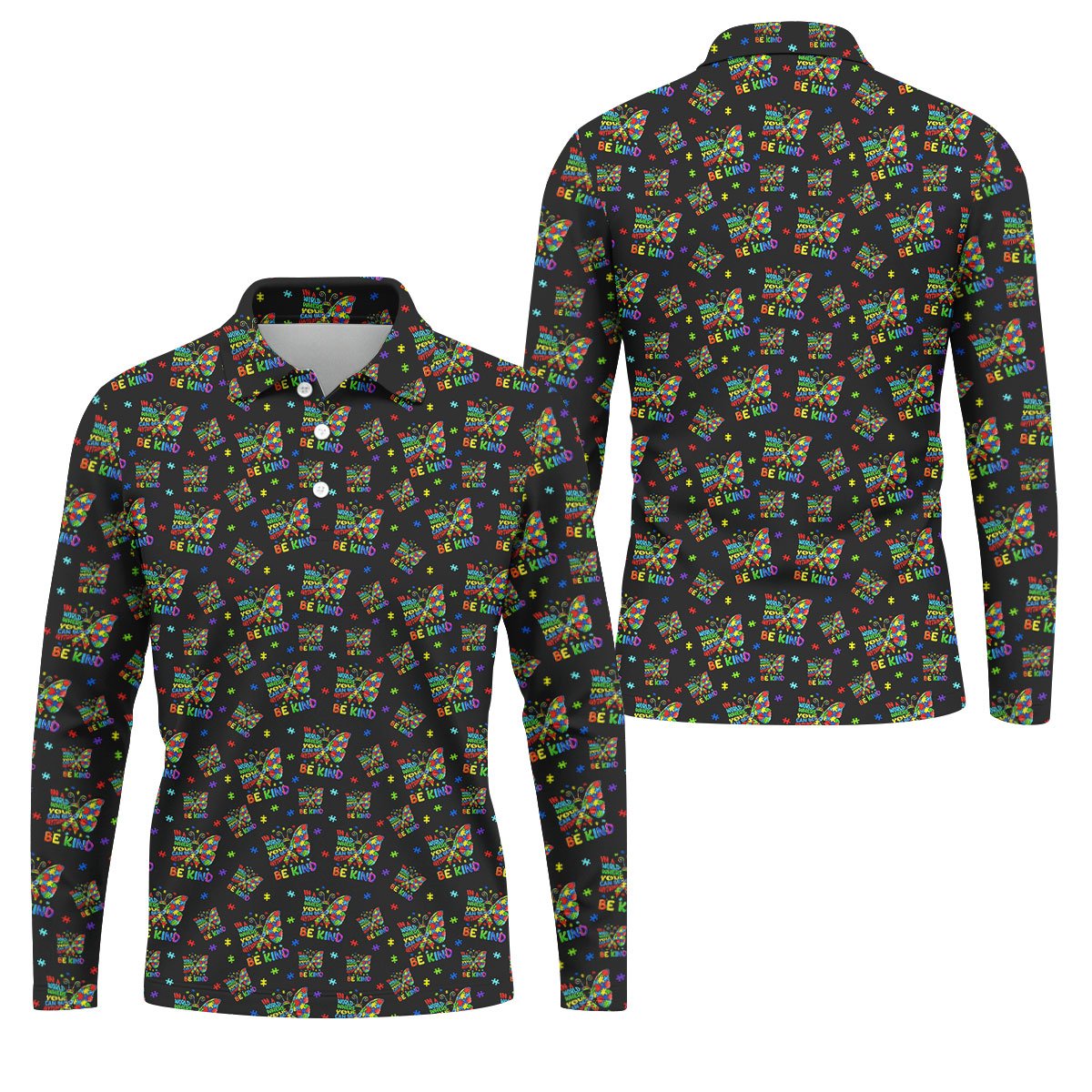In A World Where You Can Be Anything Be Kind Rainbow Butterfly Autism Awareness Black Golf Shirt, Golf Shirts For Men