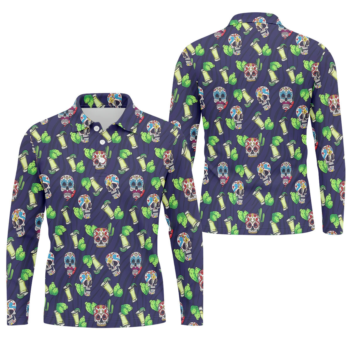 Day Of The Dead Sugar Skull Cactus Polo Shirt, Mens Golf Polo, Hawaiian Golf Shirt