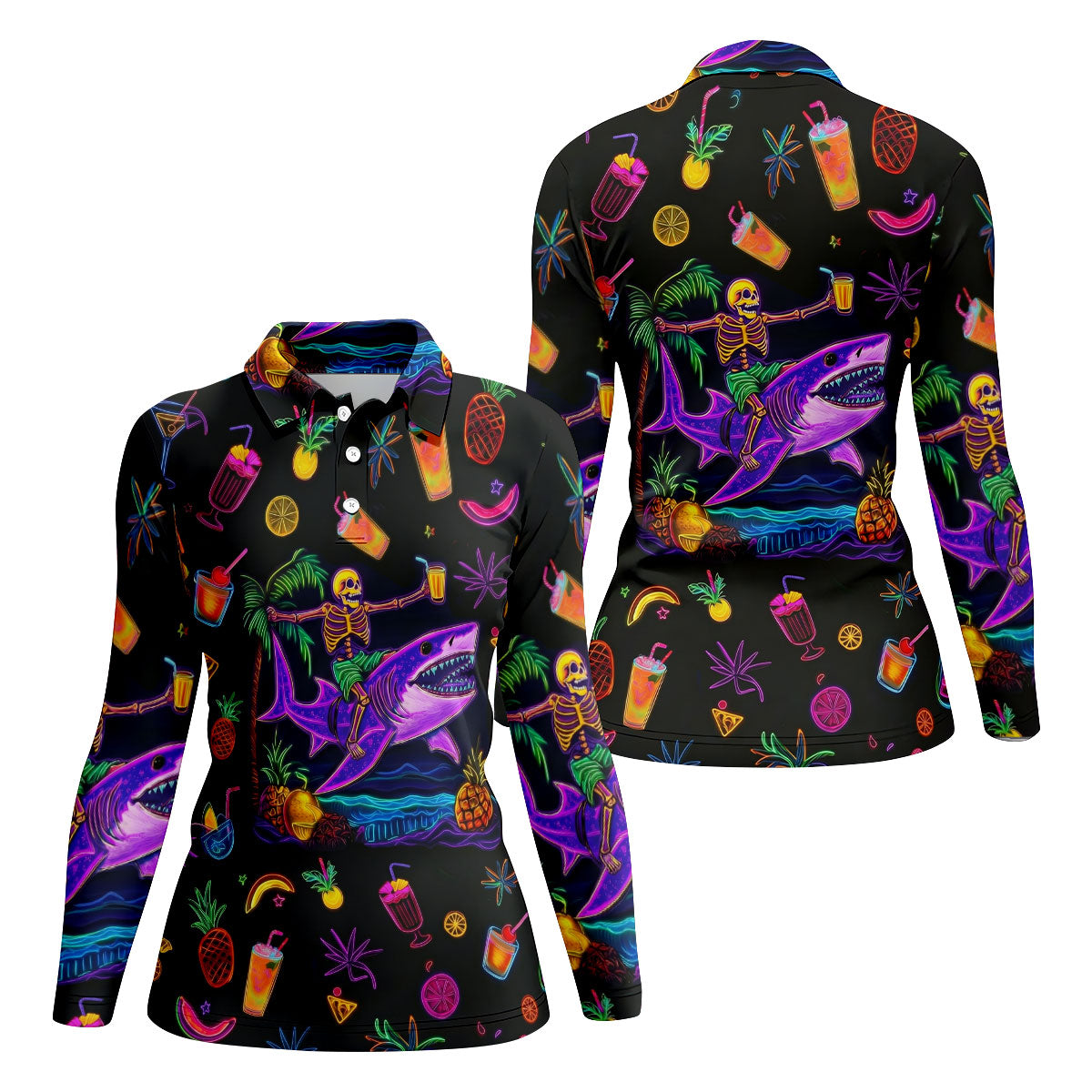 Neon Shark Beach Party Pattern Golf Shirt, Women's Golf Shirt, Hawaiian Golf Shirt, Golf Polo For Women