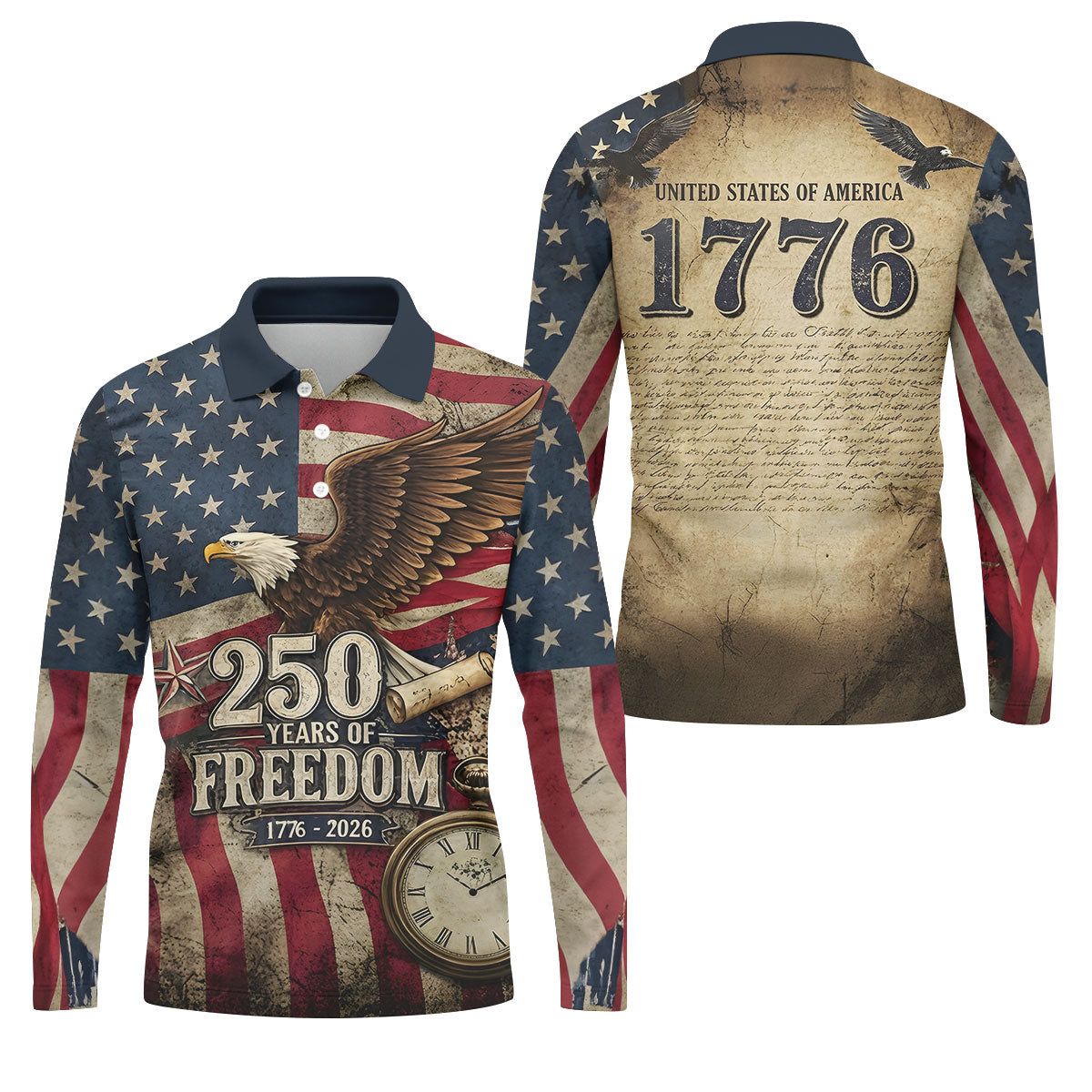 250 Years Of Freedom US Bald Eagle Retro US Flag Golf Tops For Men, Patriotic 4th Of July Golf Shirts For Men