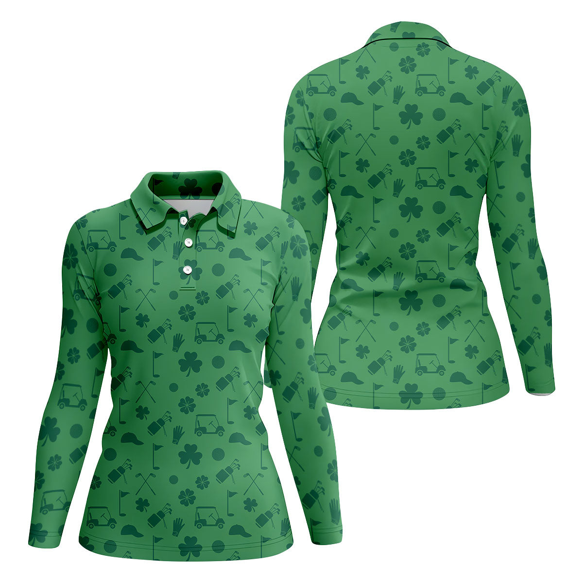 Dark Green Golf Items Seamless Pattern St. Patrick’s Day Shamrock Golf Shirt, Women's Golf Tops, Ladies Golf Polos