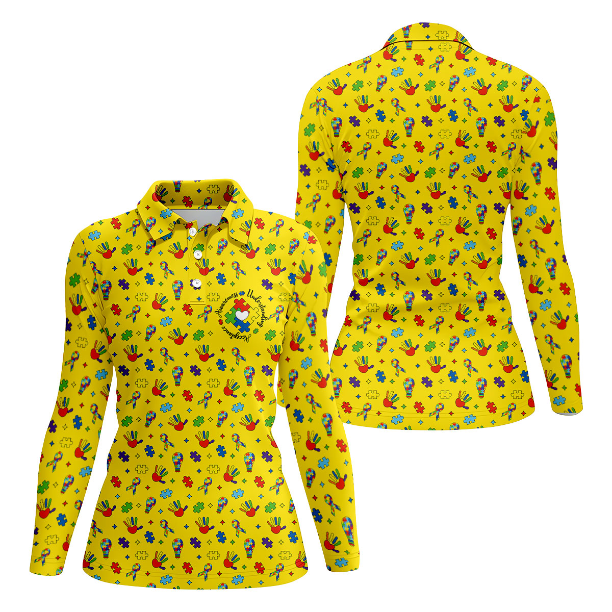 Awareness Understanding Acceptance Autism Ribbon Yellow Golf Shirt, Autism Awareness Colors Women's Golf Tops