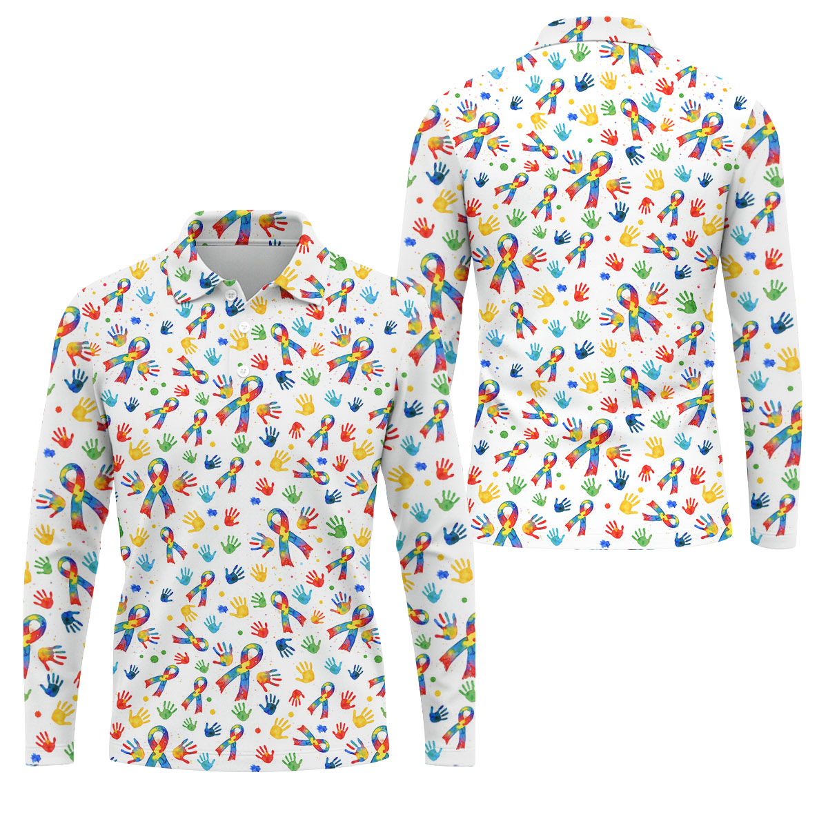 Colorful Handprints Autism Ribbon Golf Tops For Men, Autism Awareness Color Golf Shirts For Men