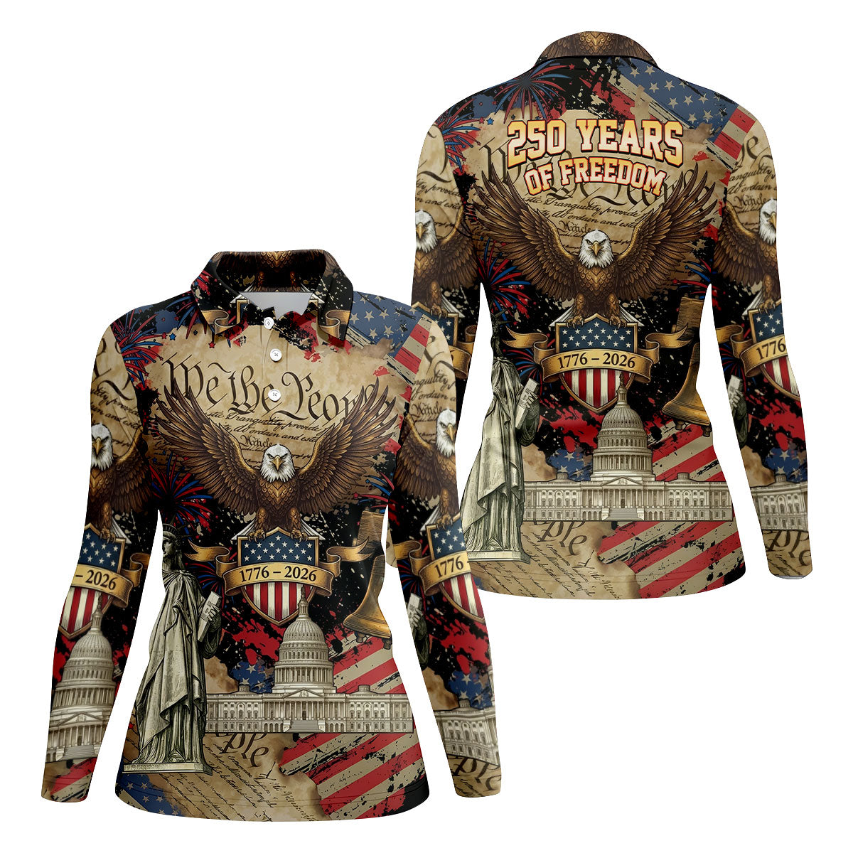 We The People Patriotic Eagle Statue Of Liberty 250 Years Ladies Golf Tops, 4th Of July Golf Shirt For Women
