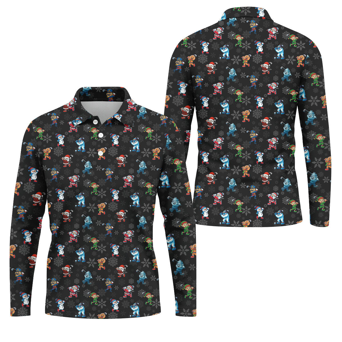Funny Christmas Characters Golf Pose Black Golf Shirt, Christmas Golf Shirt, Polo ShirtFor Men