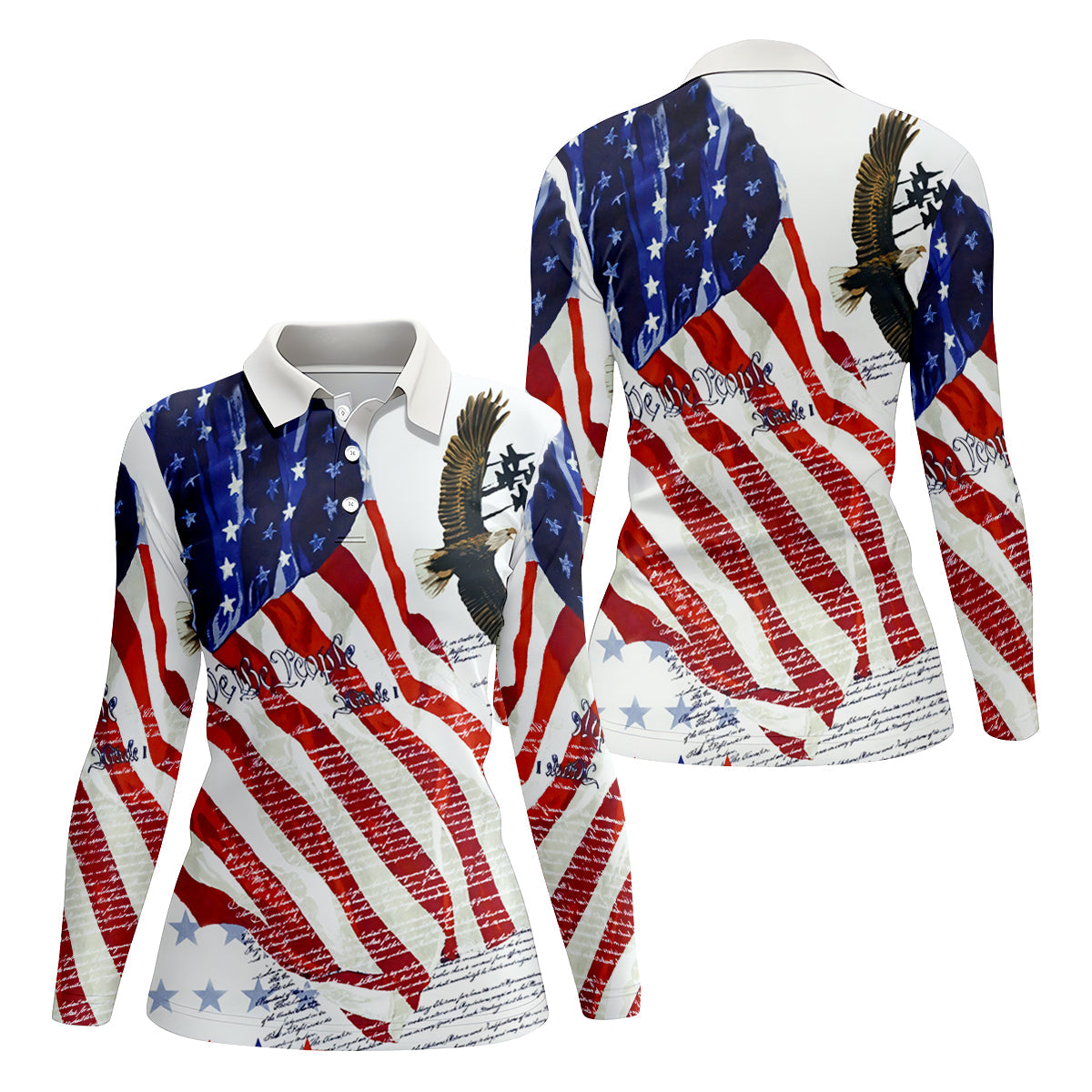 We The People Bald Eagle American Flag Women's Golf Tops, 250th Anniversary Patriotic Golf Shirt