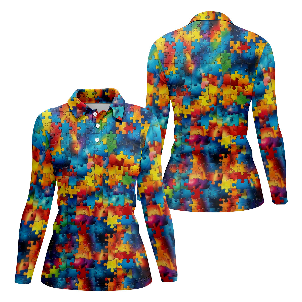 Autism Awareness Rainbow Gradient Puzzle Pattern Women's Golf Tops, Golf Shirt For Women, Ladies Golf Polos