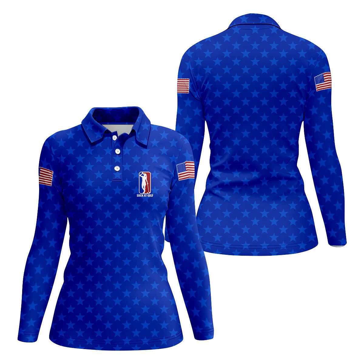 Suck At Golf Patriotic 4th Of July Stars Pattern Blue Golf Shirt, 250th Anniversary Golf Shirt For Women