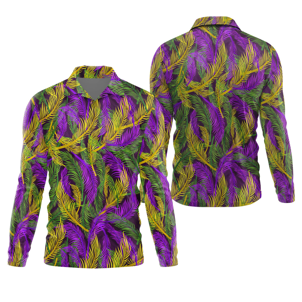 Purple Green Gold Feather Pattern Mardi Gras Golf Shirt, Polo ShirtFor Men, Golf Shirts For Men