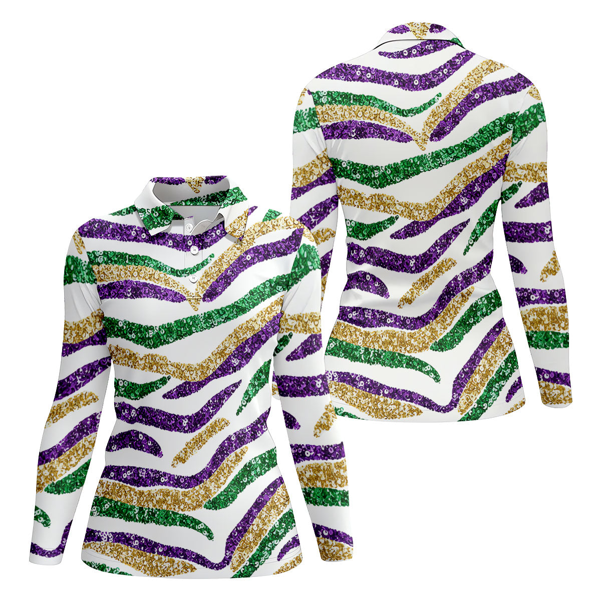 Purple Green Gold Sequin Pattern White Mardi Gras Golf Shirt, Women's Golf Tops, Ladies Golf Shirts