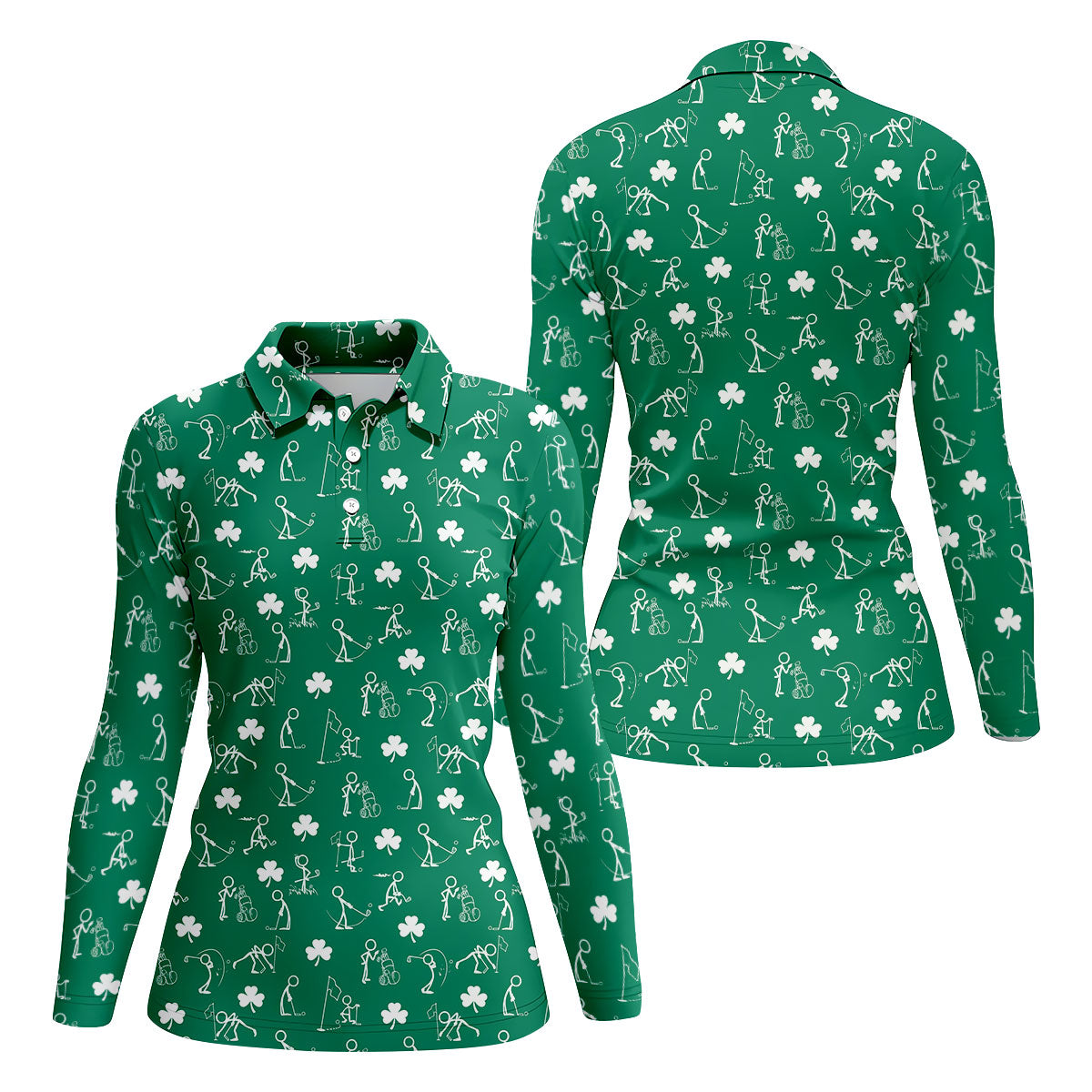 Stick Figure Golf Pose St Patrick's Day Shamrock Green Golf Shirt, Women's Golf Tops, Ladies Golf Polos