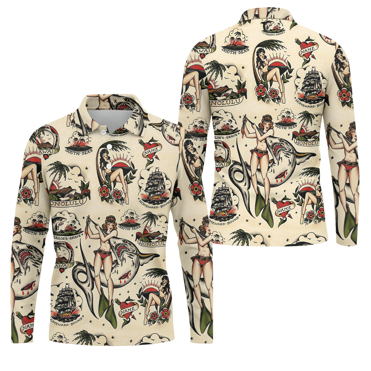 Vintage Hawaiian Pin Up Shark Tattoo Golf Shirt, Hawaiian Golf Shirt, Mens Golf Apparel