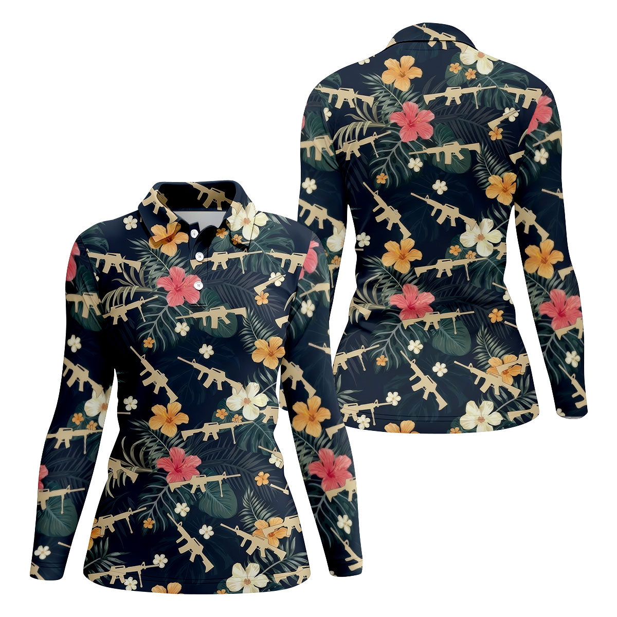 Colorful Hibiscus Tree With Army Theme Women Golf Top, Ladies Golf Shirts, Golfing Apparel