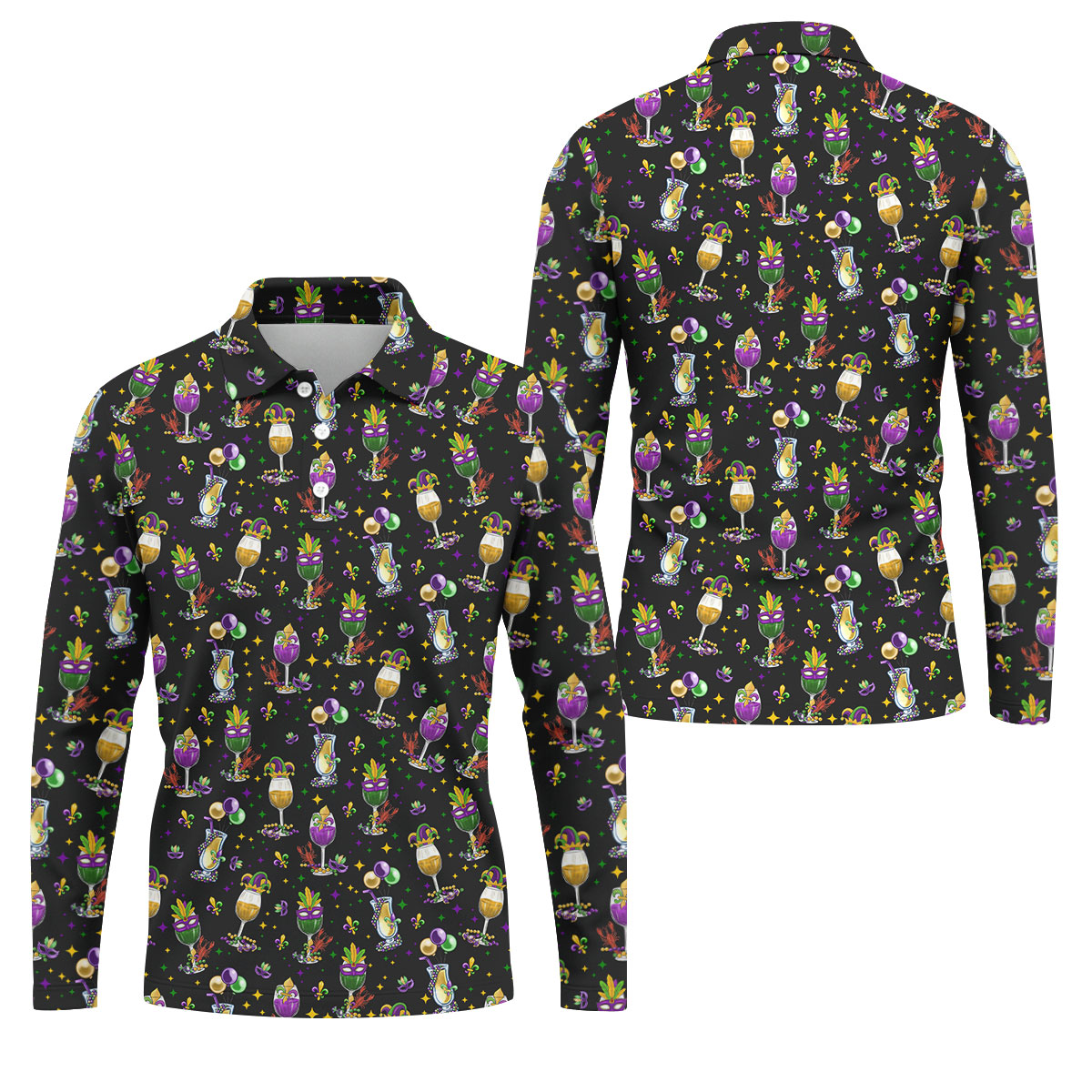 Mardi Gras Wine Glass Beaded Garland Fleur De Lis Black Golf Shirt, Polo ShirtFor Men, Golf Shirts For Men