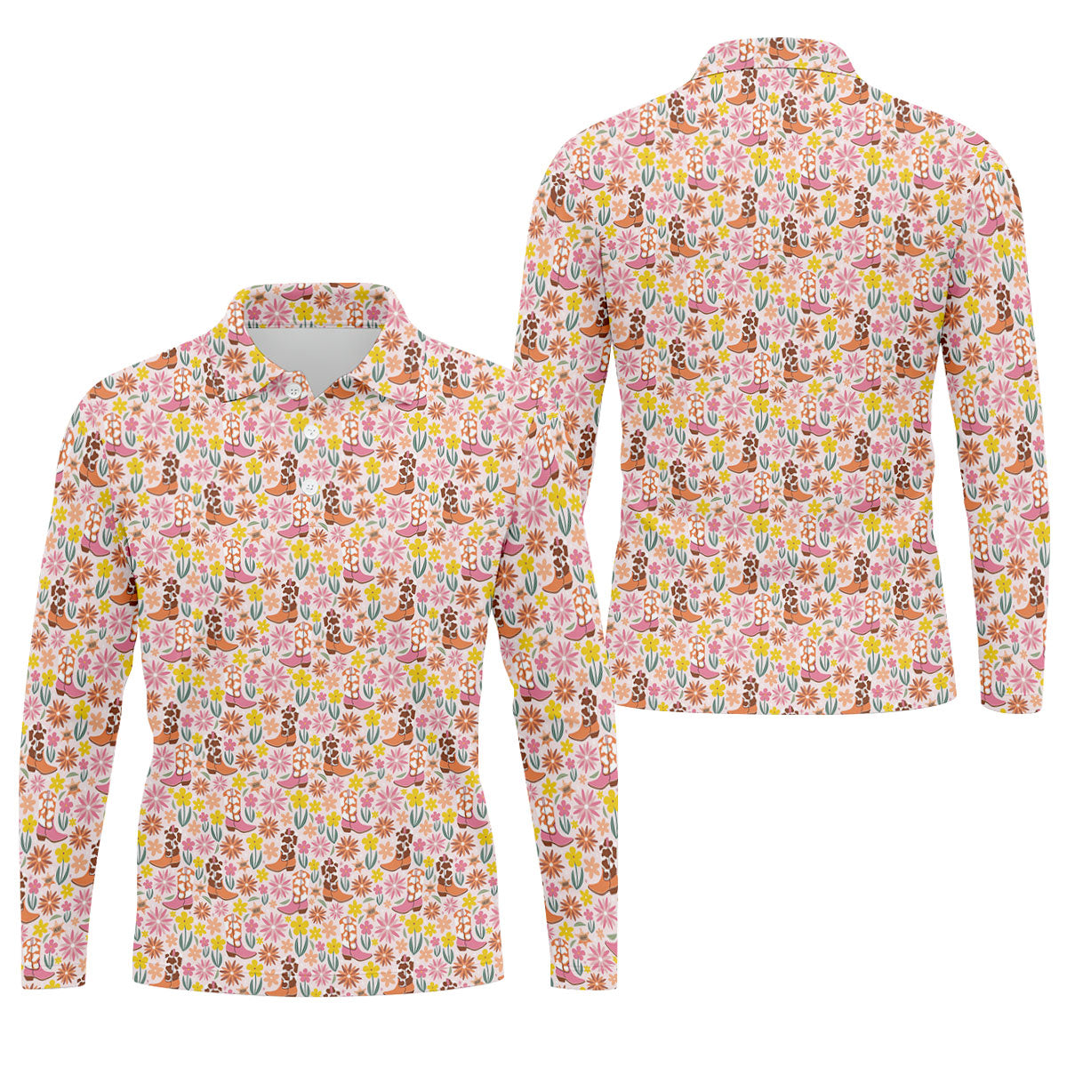 Pink Floral Cowgirl Boots Pattern Golf Polo Shirt, Mens Golf Polo, Golf Shirts For Men