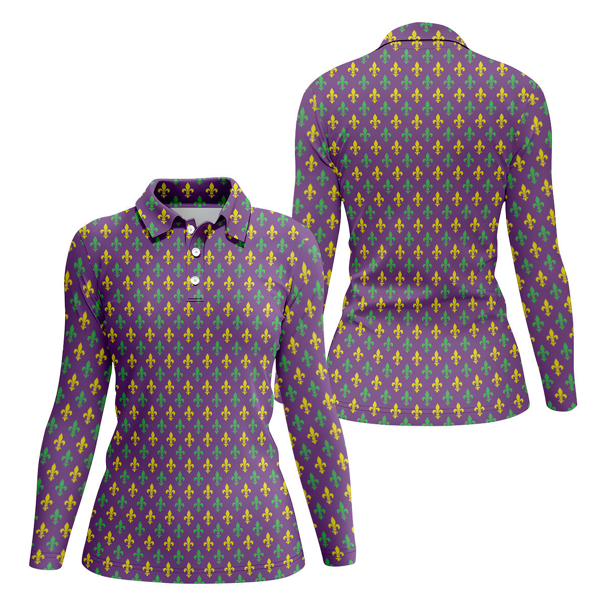 Mardi Gras Theme Green Purple Gold Fleur De Lis Pattern Women's Golf Tops, Golf Gift For Ladies
