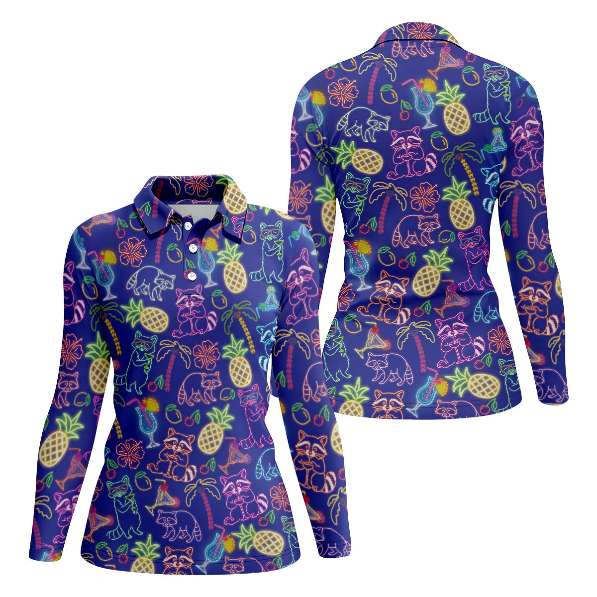 Neon Tropical Raccoon Cocktail Pattern Hawaiian Golf Shirt, Women's Golf Tops, Ladies Golf Shirts
