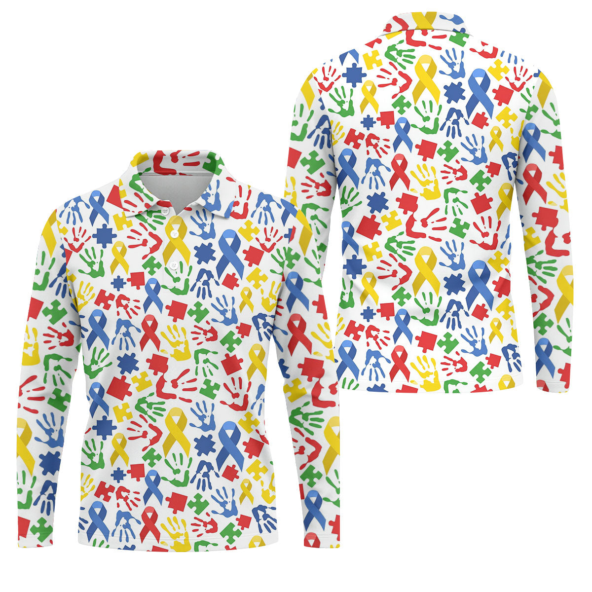 Autism Ribbon Colorful Puzzle Pieces Handprints Golf Tops For Men, Polo ShirtFor Men, Golf Shirts For Men
