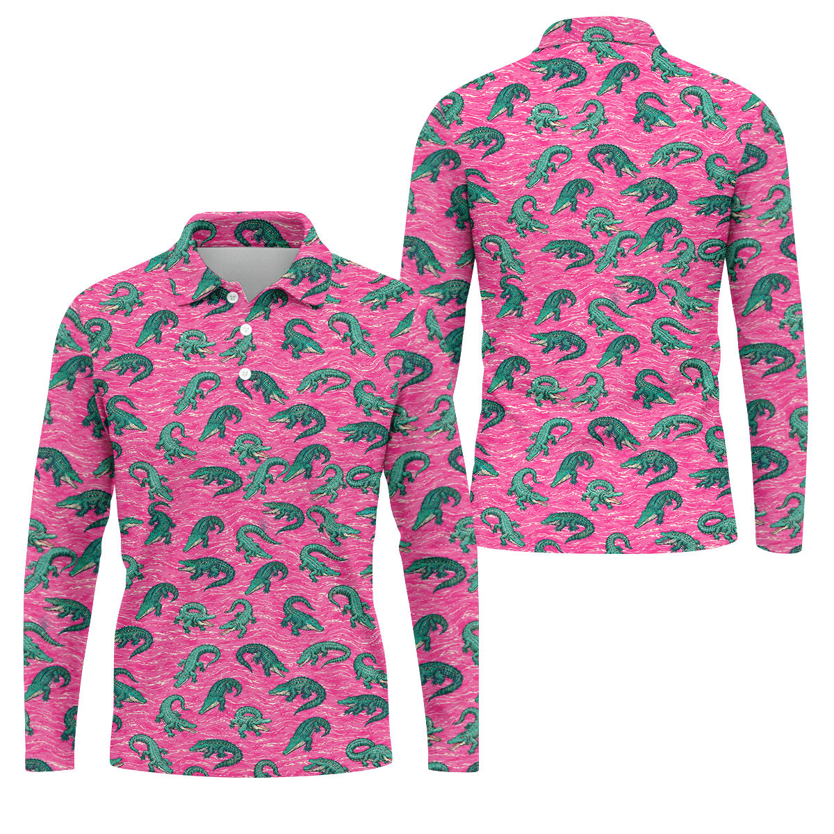 Alligator Pattern Golf Shirt, Pink Gator Print Men's Golf Polo, Polo Shirts For Men