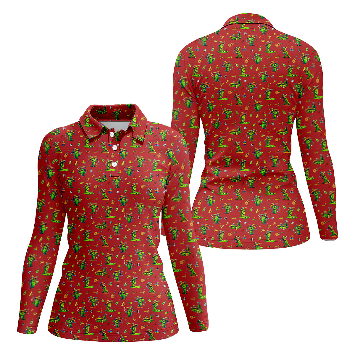 Cartoon Mustach Funny Cactus Cinco De Mayo Celebration Fiesta Themed Red Golf Shirt For Women