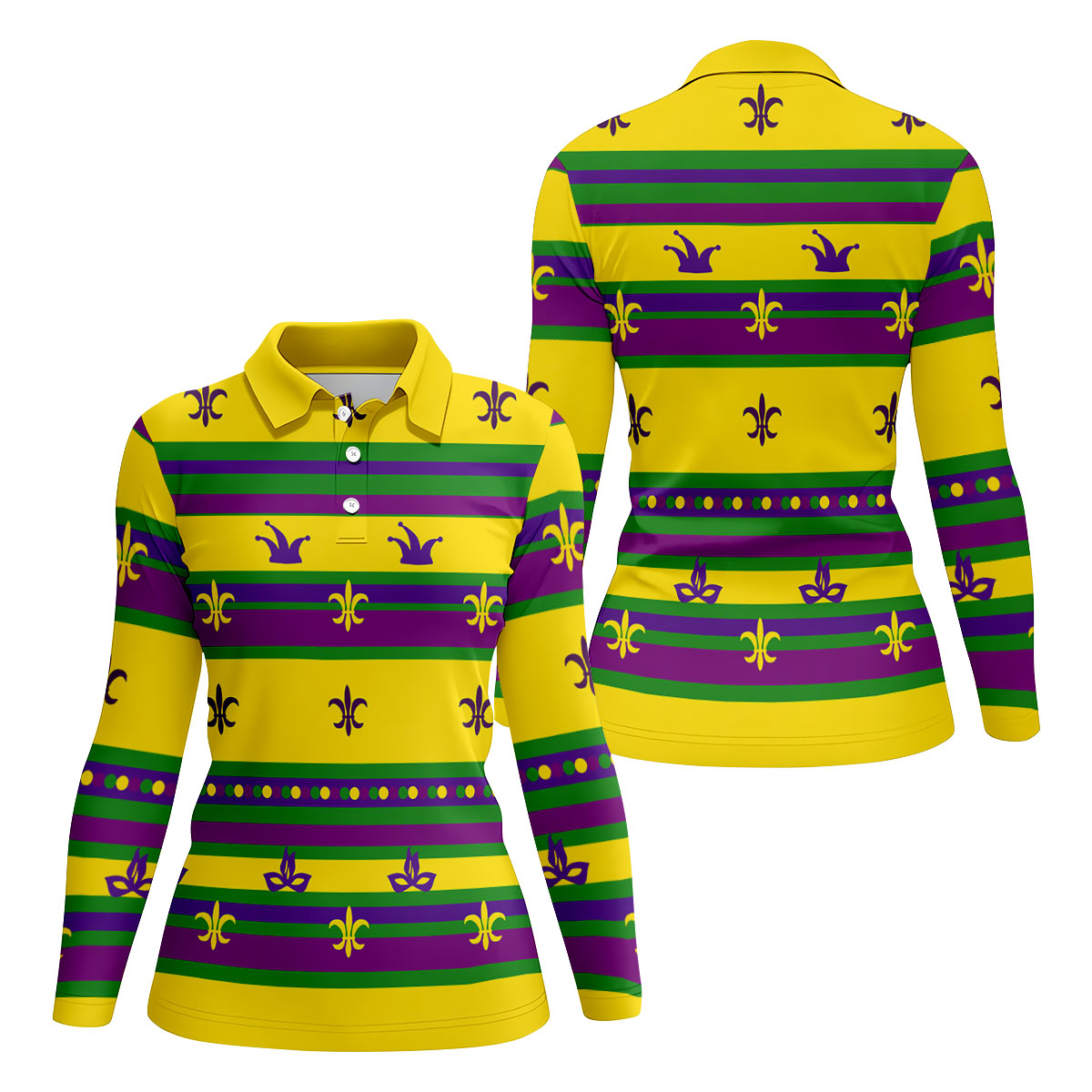 Mardi Gras Fleur De Lis Purple Green Gold Horizontal Stripes Women's Golf Shirts, Ladies Golf Polos