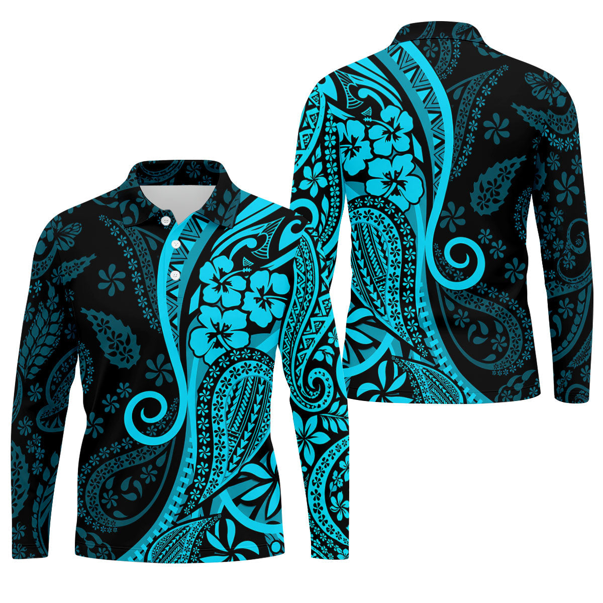 Island Tribal Golf Shirt, Blue Hawaiian Hibiscus Polo, Polo Shirts For Men