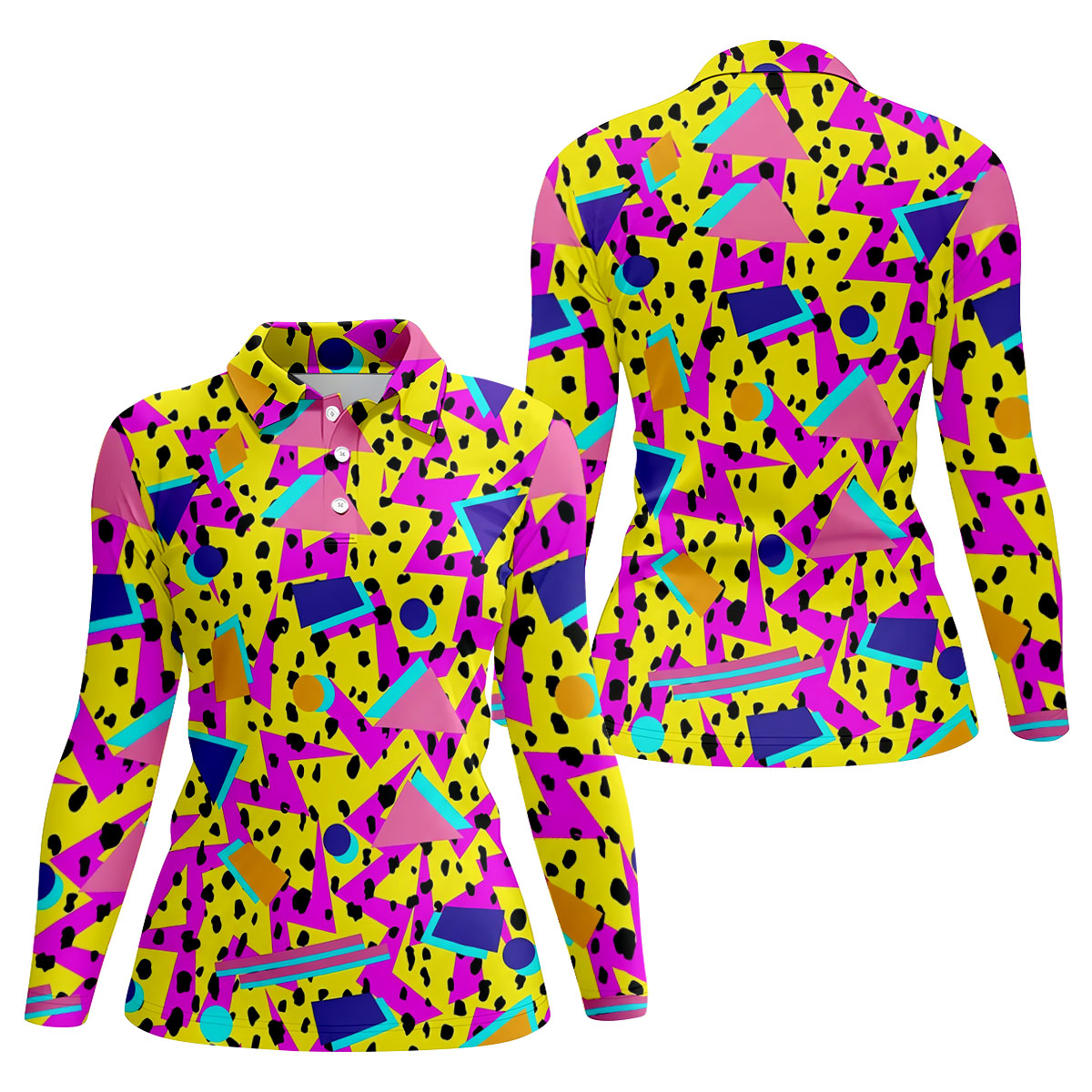 Retro Neon Geometric Shapes Yellow Golf Shirt, Ladies Golf Tops, Golf Polo For Women, Women’s Golf Apparel