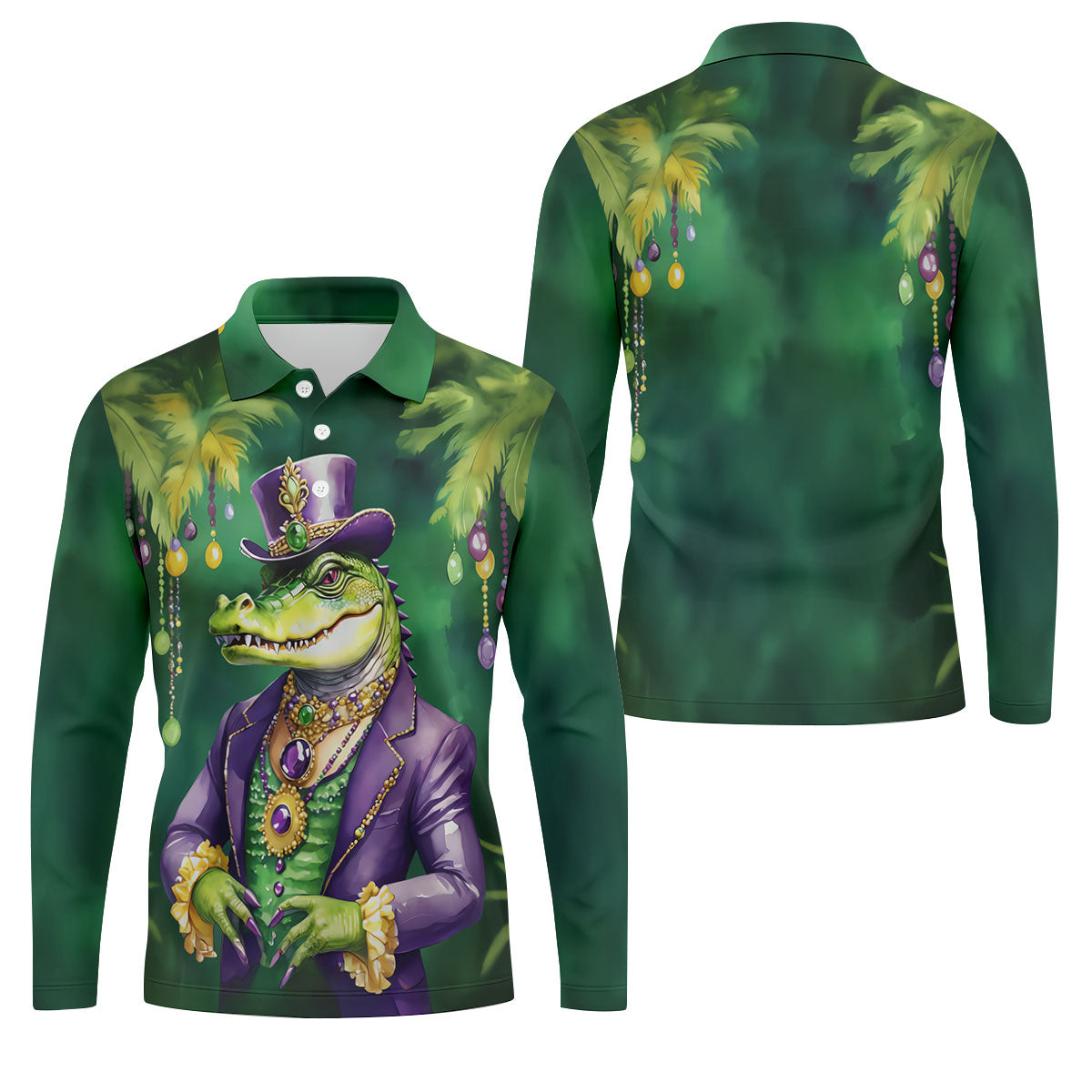 Mardi Gras Alligator Green Golf Shirt, Men's Funny Golf Shirts, Polo ShirtFor Men, Golf Shirts For Men
