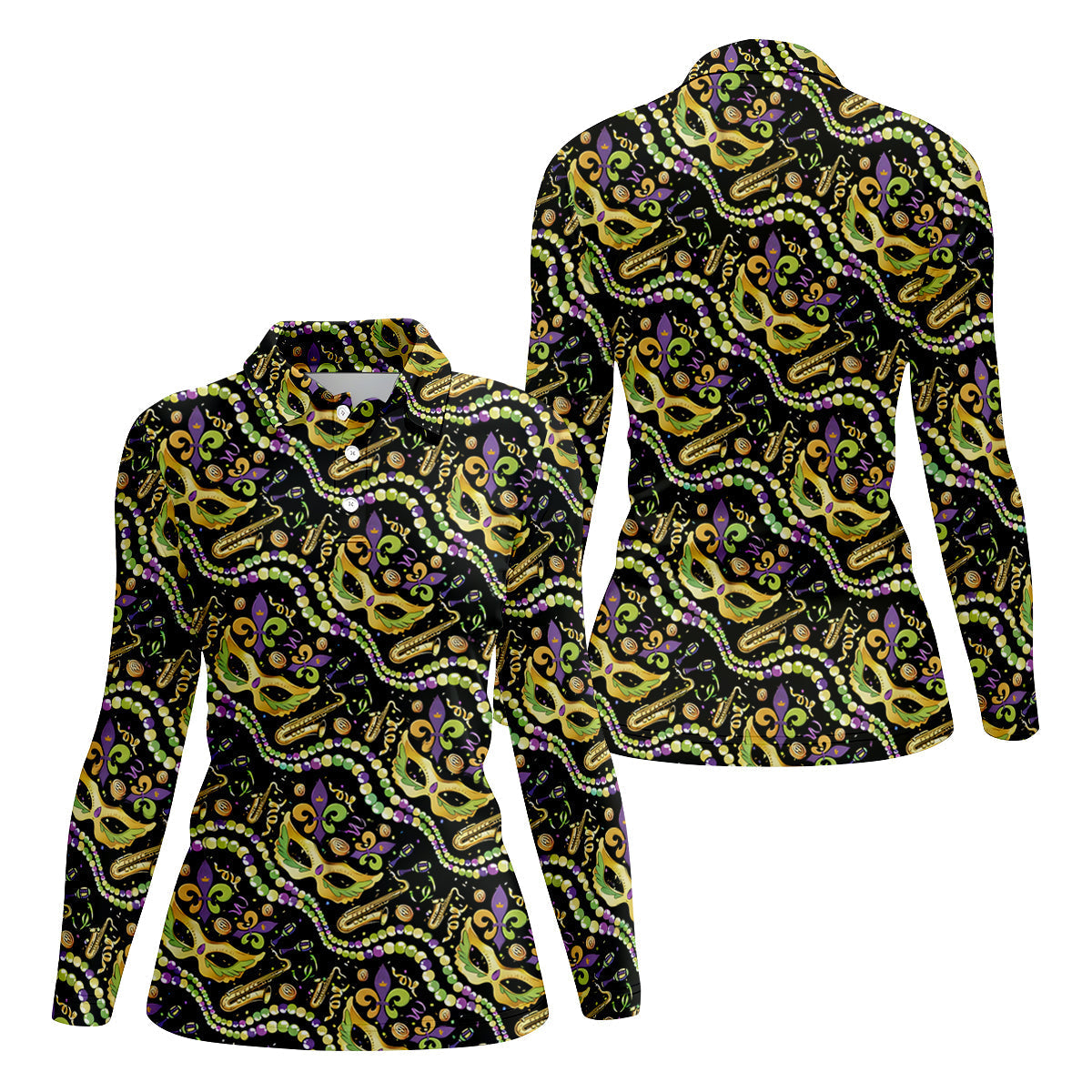 Gold Masquerade Mask Beads String Mardi Gras Golf Shirt, Ladies Golf Tops, Golf Shirt For Women