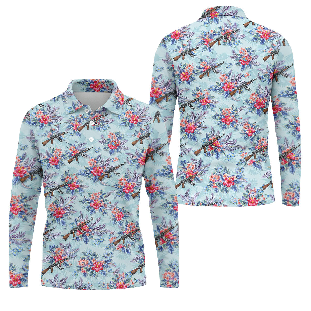 Hawaiian Floral Military Theme Light Blue Golf Shirt, Golf Shirts For Men, Polo ShirtFor Men