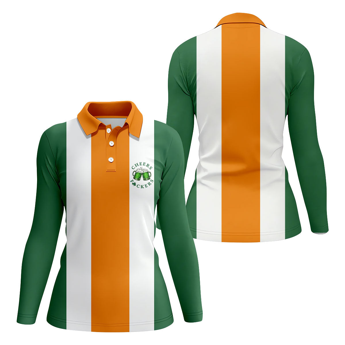 Green Orange White Vertical Stripes St Patrick's Day Golf Shirt, Women's Golf Tops, Ladies Golf Shirts