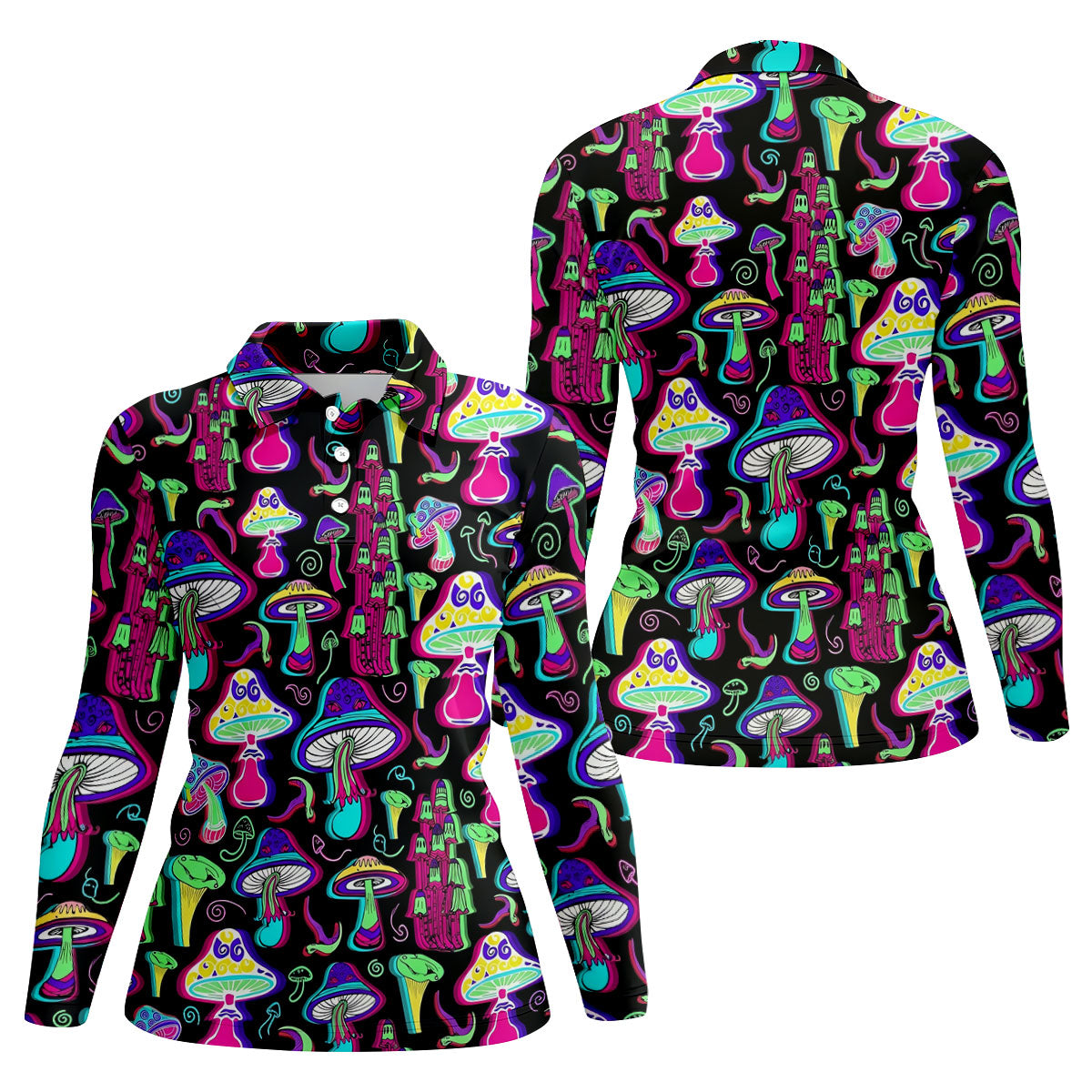 Black Neon Mushroom Pattern Golf Shirt, Women’s Golf Polo, Golf Shirts For Women, Performance Golf Shirt