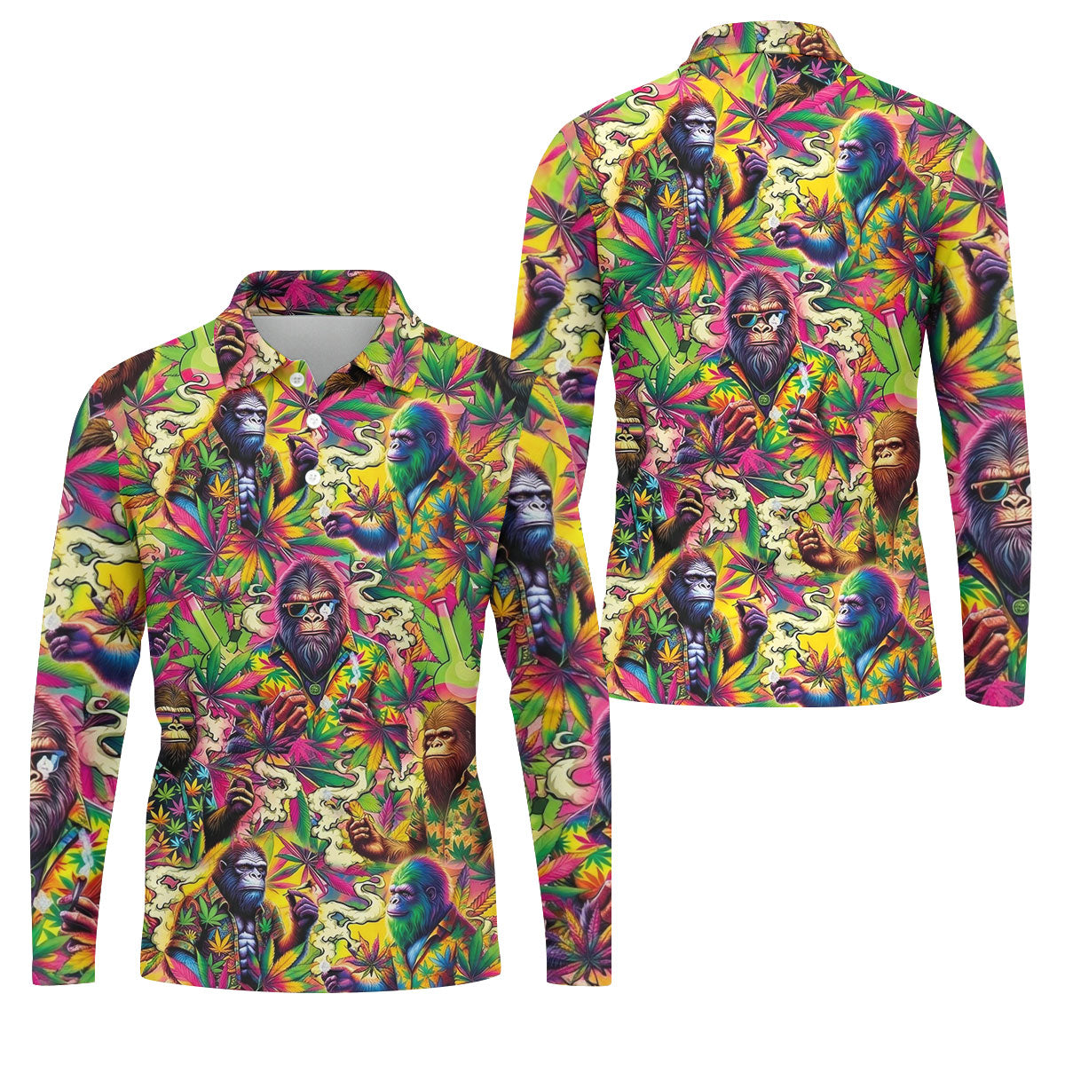 Psychedelic Bigfoot Cannabis Leaf Hawaiian Polo Shirt, Mens Golf Shirts, Golf Apparel For Men