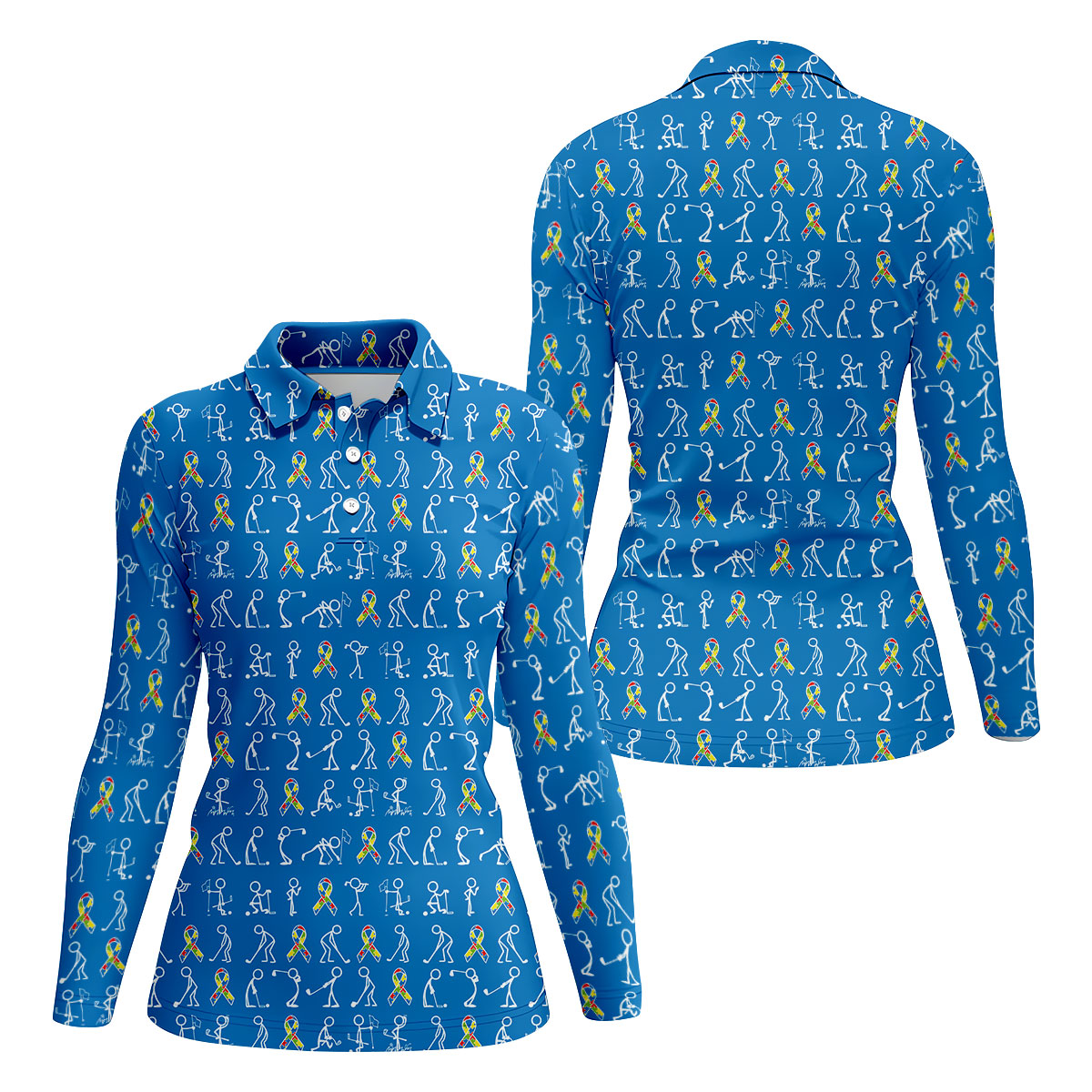 Stick Figure Golf Pose Autism Ribbon Blue Golf Shirt, Autism Awareness Colors Ladies Golf Polos