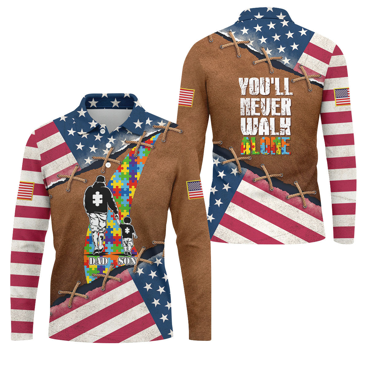 You'll Never Walk Alone Autism Awareness Patriotic Golf Shirt, Golf Shirts For Men, Golf Gift For Dad