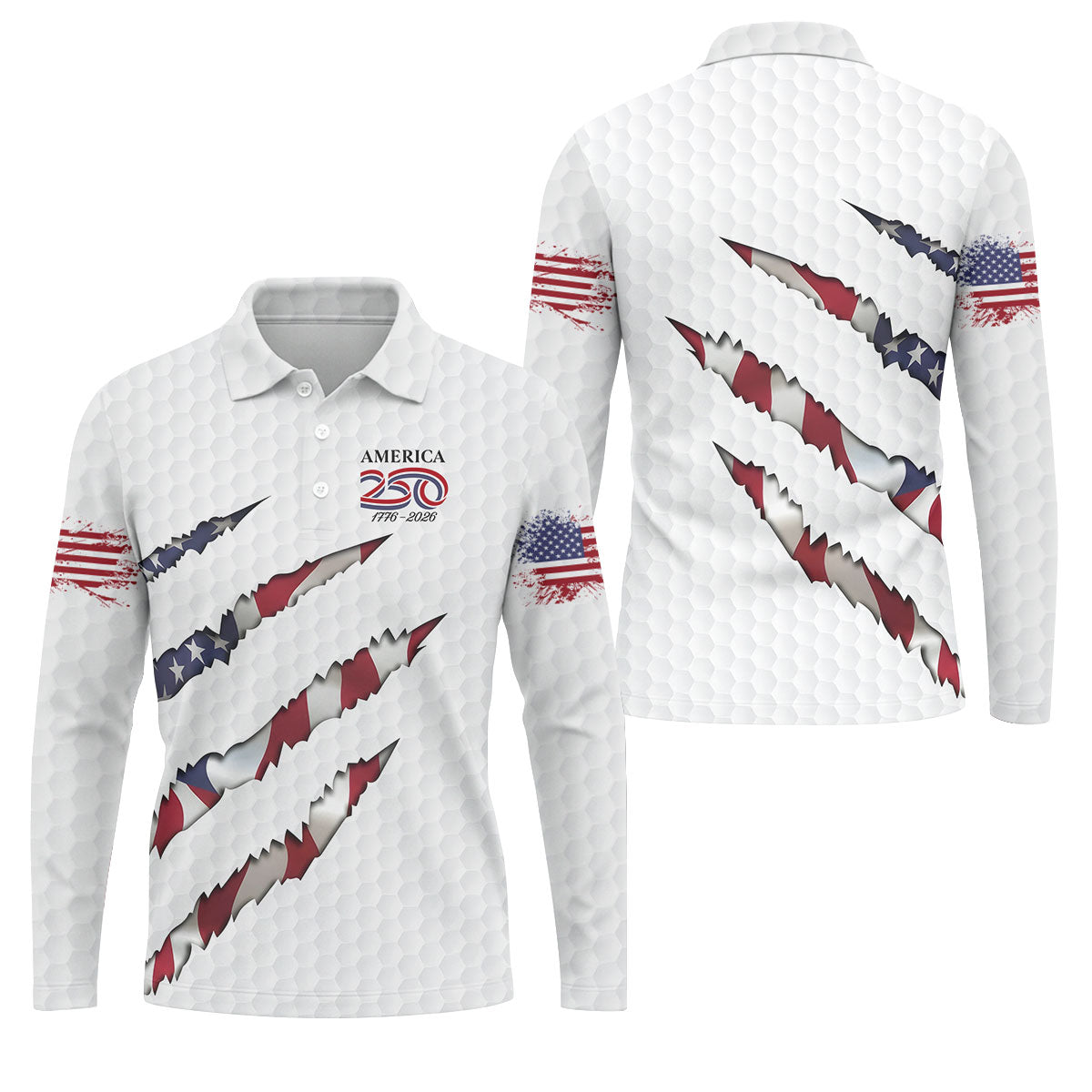 America 250 1776-2026 Scratched Flag Golf Ball Pattern White Golf Shirt, Patriotic 4th Of July Golf Shirts For Men