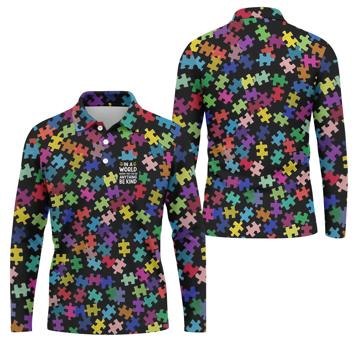 In A World Where You Can Be Anything Be Kind Autism Awareness Puzzle Pattern Men's Golf Shirt, Polo Shirt Men