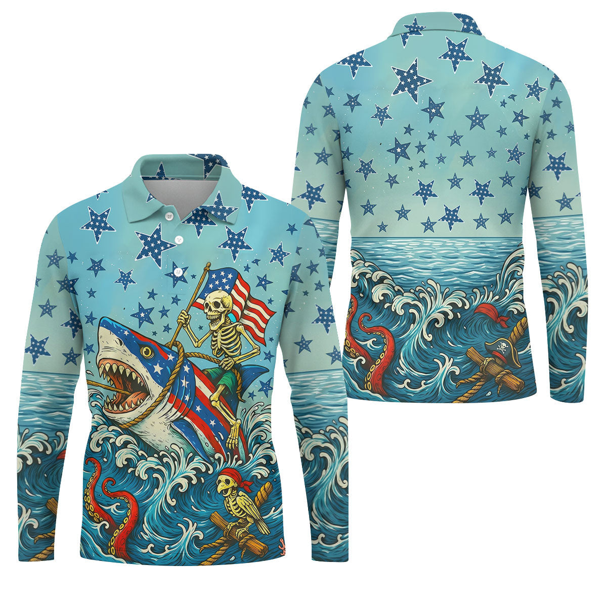 Skeleton Riding Shark Patriotic Golf Shirt, 4th Of July Golf Shirt, 250 Years Polo Shirtor Men